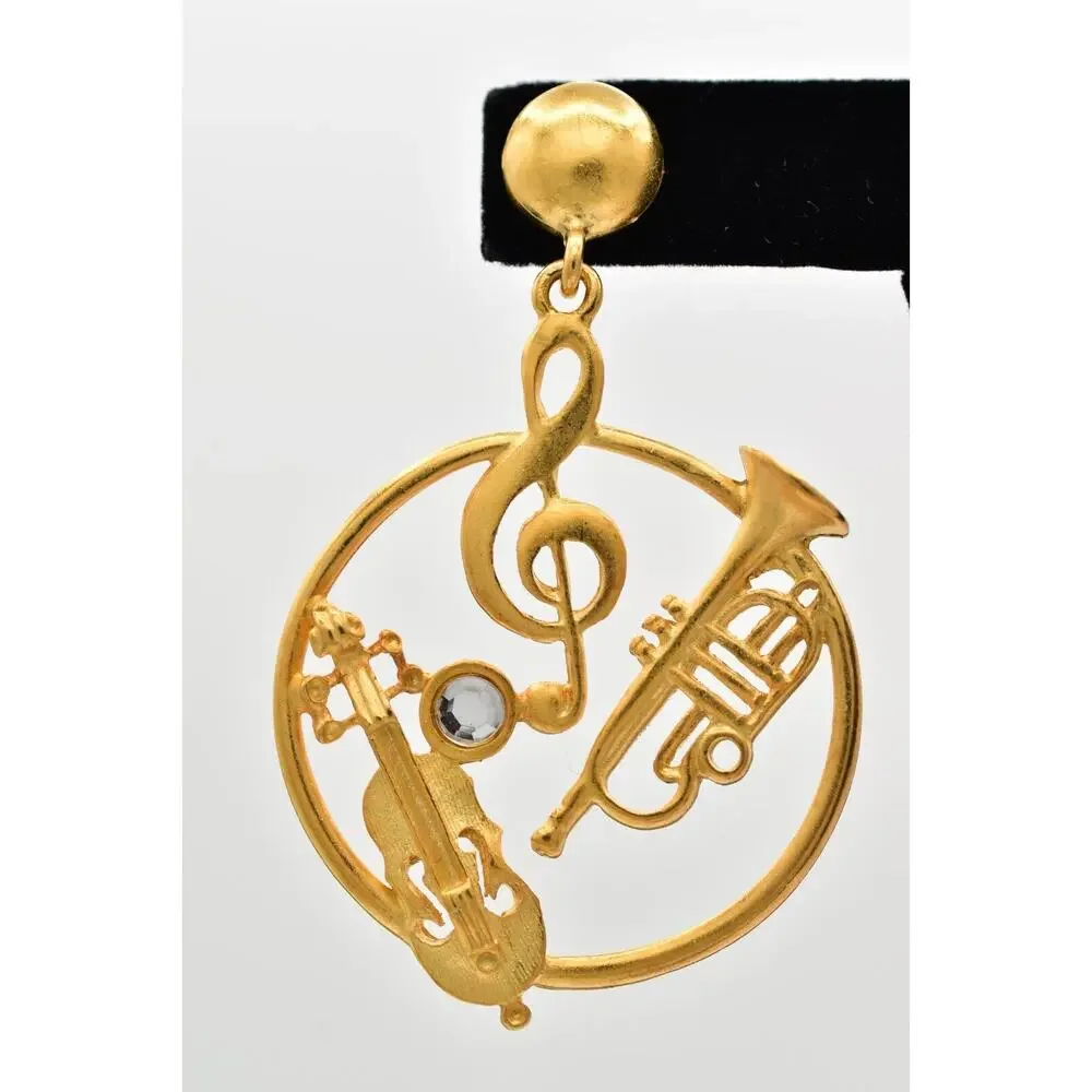 Vintage Musical Dangle Earrings Instrument Brushed Gold Matte NOS 1980s BinBK